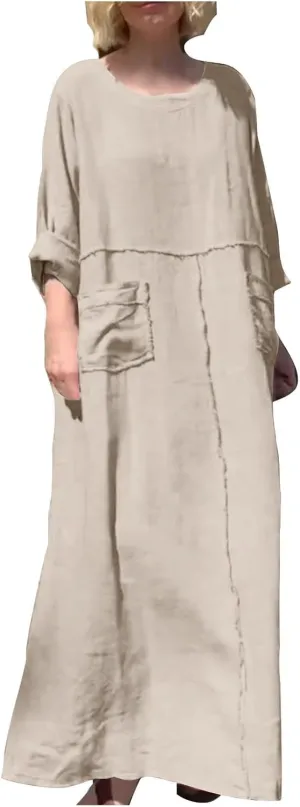 Summer Dresses for Women Plus Size Long Sleeve Maxi Dress Crew Neck Dresses with Pocket Cotton Linen Maxi Sundress