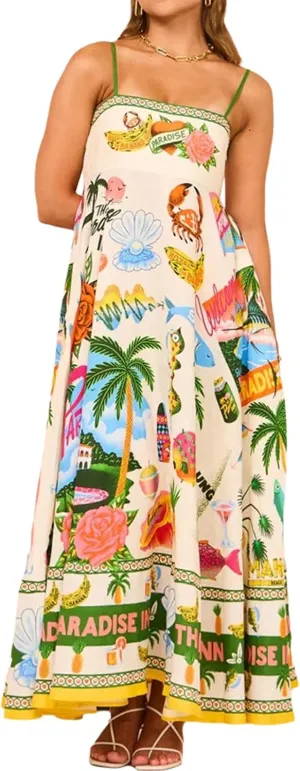 Summer Dresses for Women Sexy Spaghetti Straps Maxi Sundresses Casual Sleeveless Floral Flowy Dress with Pockets
