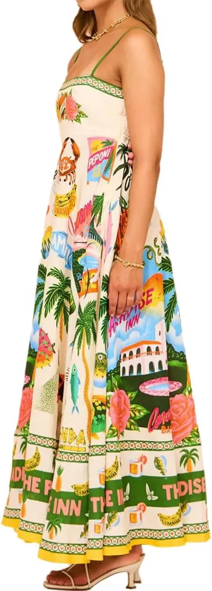Summer Dresses for Women Sexy Spaghetti Straps Maxi Sundresses Casual Sleeveless Floral Flowy Dress with Pockets