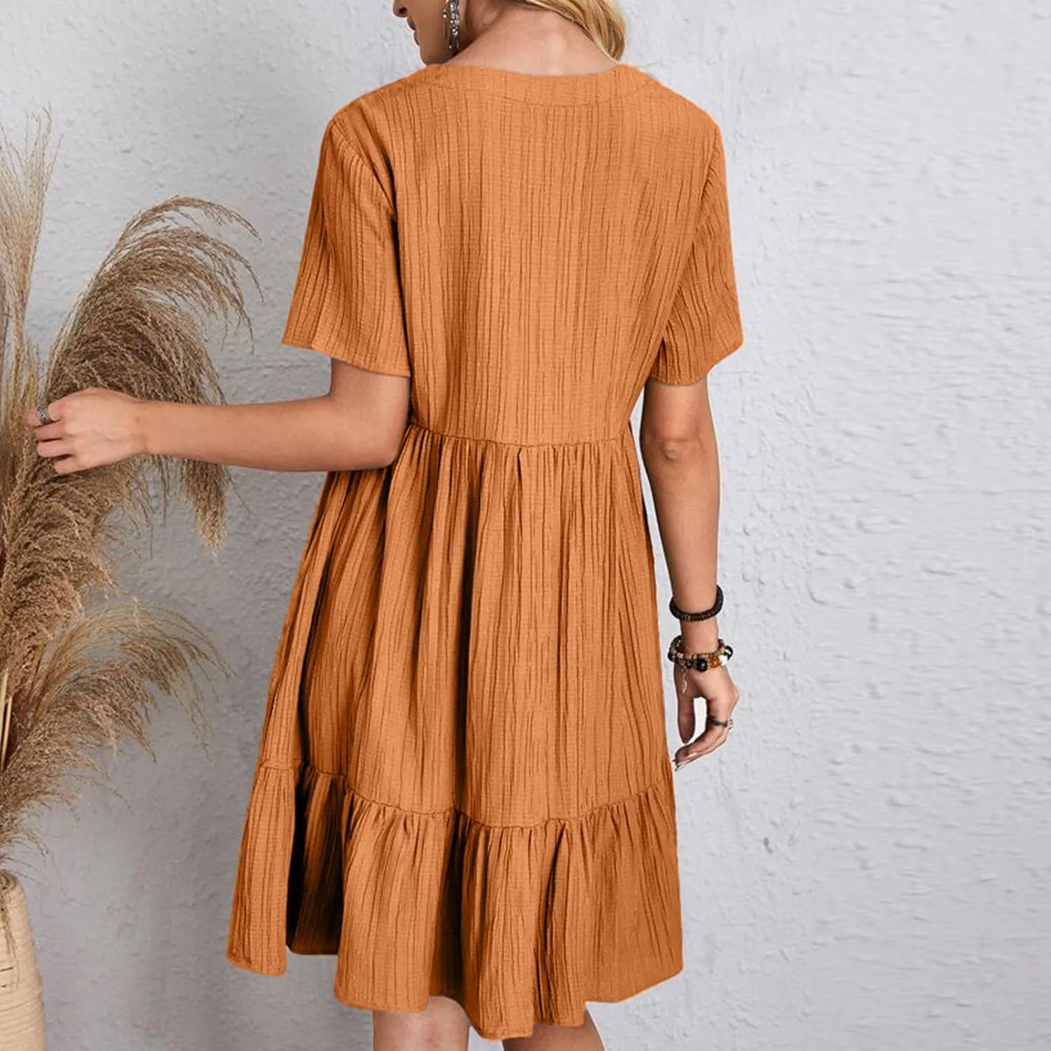 Summer Dresses for Women Short Sleeve V Neck Vacation T Shirt Dress Ruffle Pleated Flowy Beach Sundresses