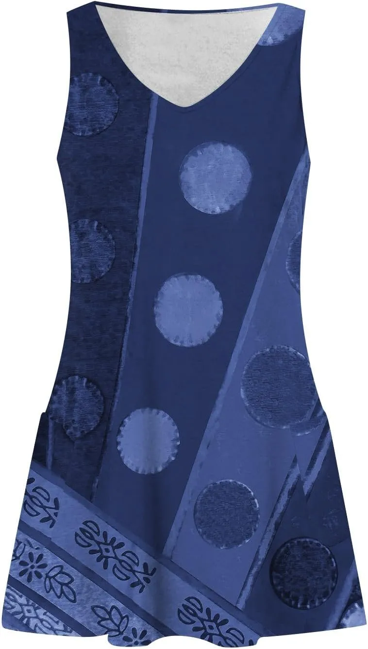 Summer Dresses for Women, Trendy V Neck Sleeveless Sundresses with Pockets Knee Length Boho Flowy Vintage Dress