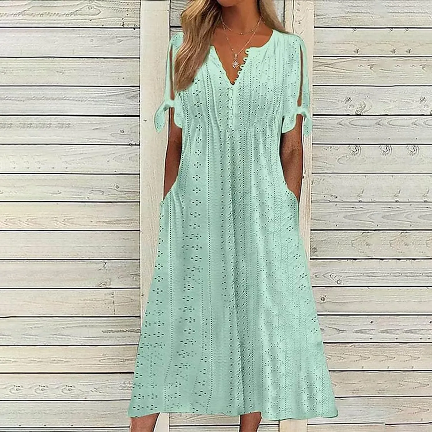 Summer Maxi Dresses for Women 2025 Trendy Short Sleeve Eyelet Tshirt Dress Casual Church Beach Vacation Sundress