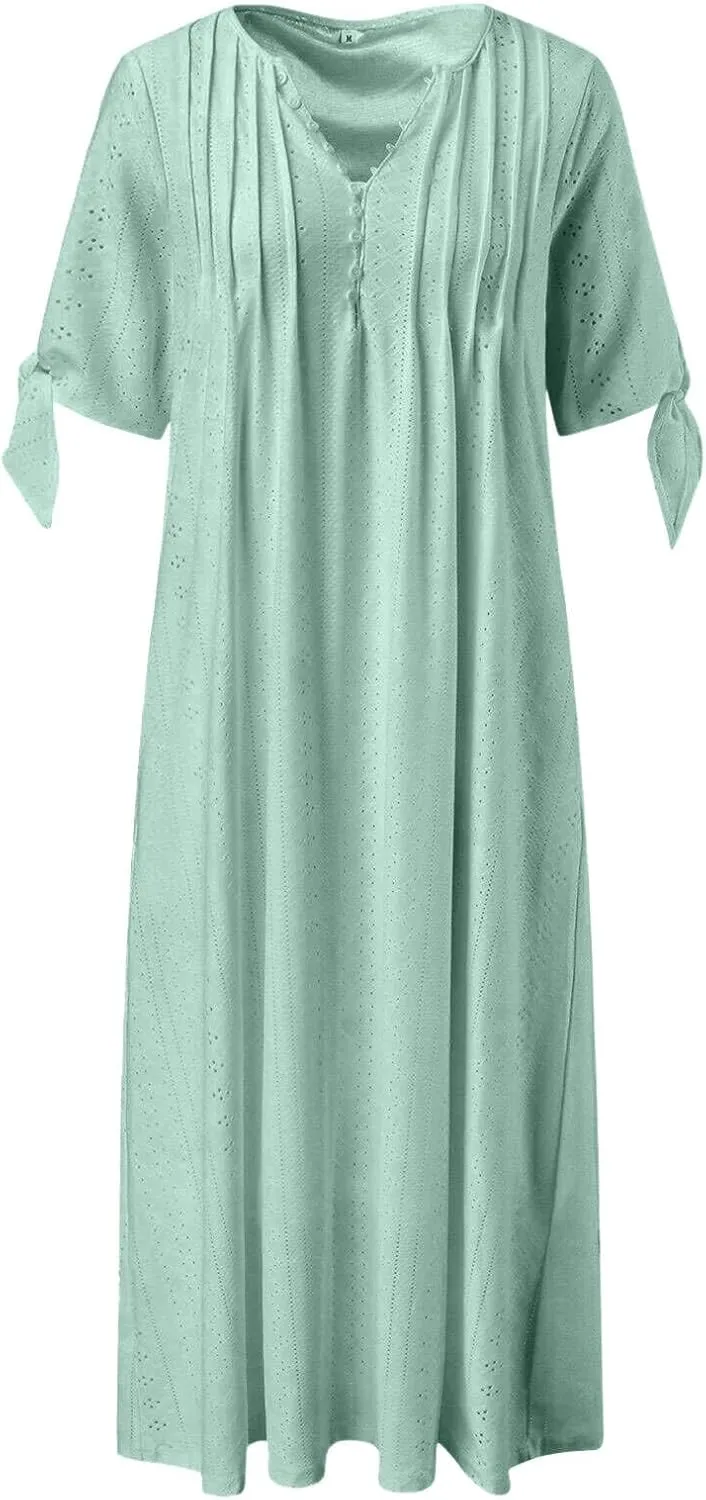 Summer Maxi Dresses for Women 2025 Trendy Short Sleeve Eyelet Tshirt Dress Casual Church Beach Vacation Sundress