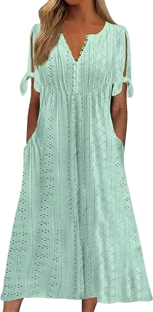 Summer Maxi Dresses for Women 2025 Trendy Short Sleeve Eyelet Tshirt Dress Casual Church Beach Vacation Sundress