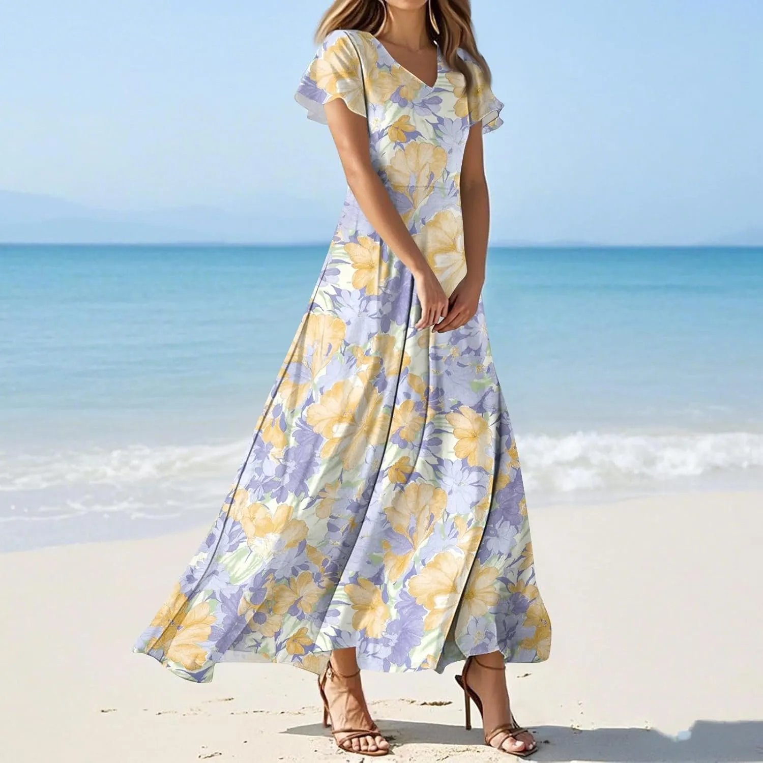 Summer Maxi Dresses for Women 2025 Vacation Short Sleeve V Neck Floral Dress Flowy A Line Wrap Casual Beach Sundress
