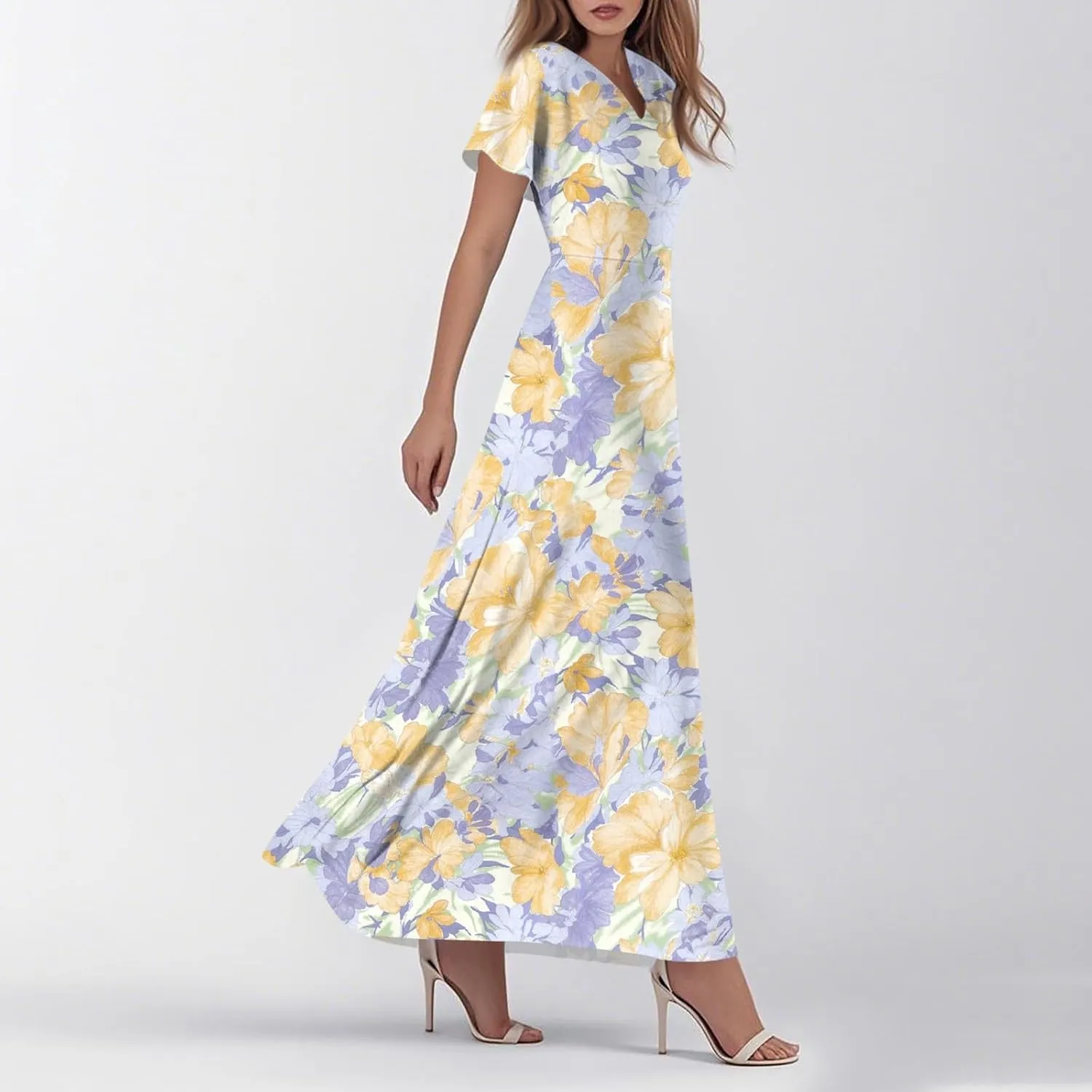 Summer Maxi Dresses for Women 2025 Vacation Short Sleeve V Neck Floral Dress Flowy A Line Wrap Casual Beach Sundress