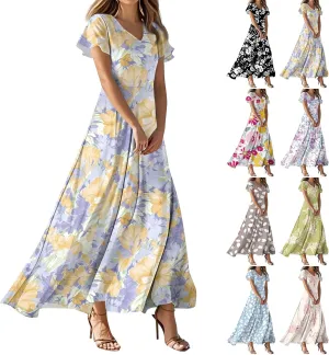 Summer Maxi Dresses for Women 2025 Vacation Short Sleeve V Neck Floral Dress Flowy A Line Wrap Casual Beach Sundress