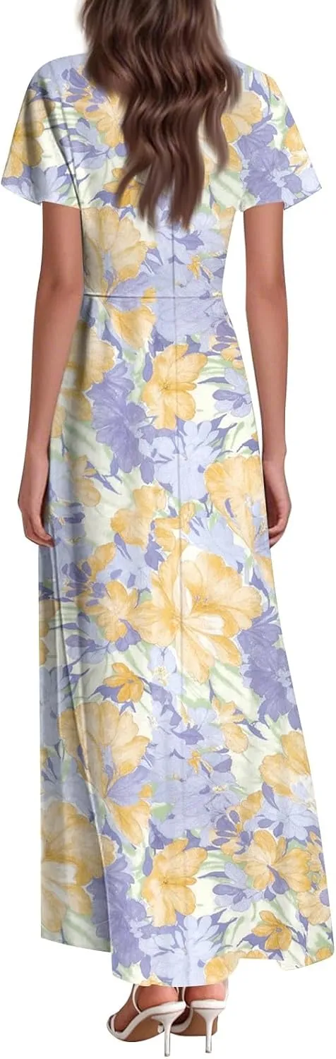 Summer Maxi Dresses for Women 2025 Vacation Short Sleeve V Neck Floral Dress Flowy A Line Wrap Casual Beach Sundress