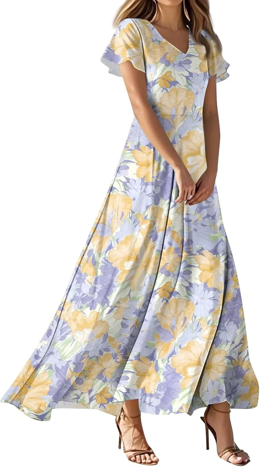 Summer Maxi Dresses for Women 2025 Vacation Short Sleeve V Neck Floral Dress Flowy A Line Wrap Casual Beach Sundress
