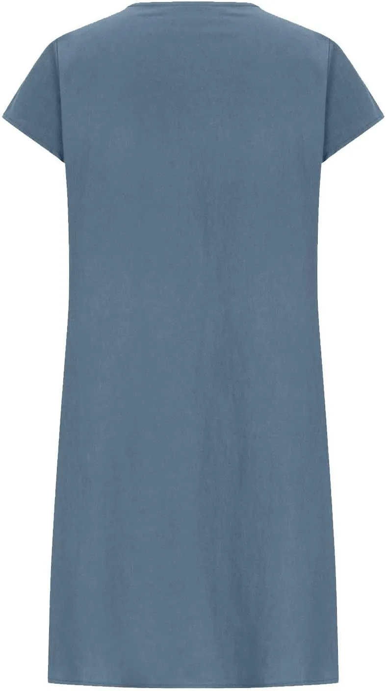 Summer Midi Dresses for Women 2025 Short Sleeve Pleated Sundress Beach Trendy Casual Cotton Linen Solid Dresses