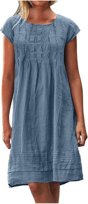 Summer Midi Dresses for Women 2025 Short Sleeve Pleated Sundress Beach Trendy Casual Cotton Linen Solid Dresses