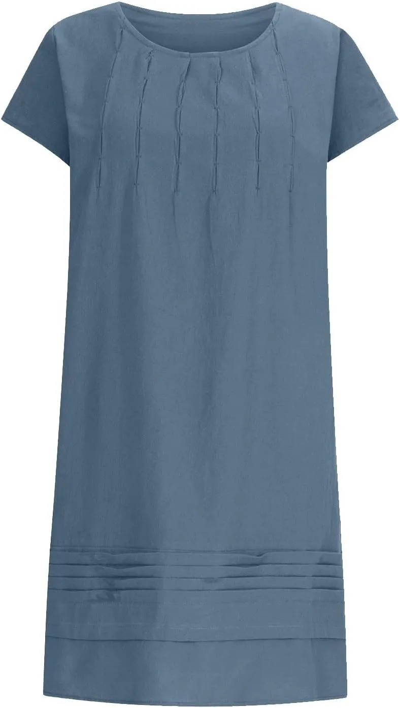 Summer Midi Dresses for Women 2025 Short Sleeve Pleated Sundress Beach Trendy Casual Cotton Linen Solid Dresses