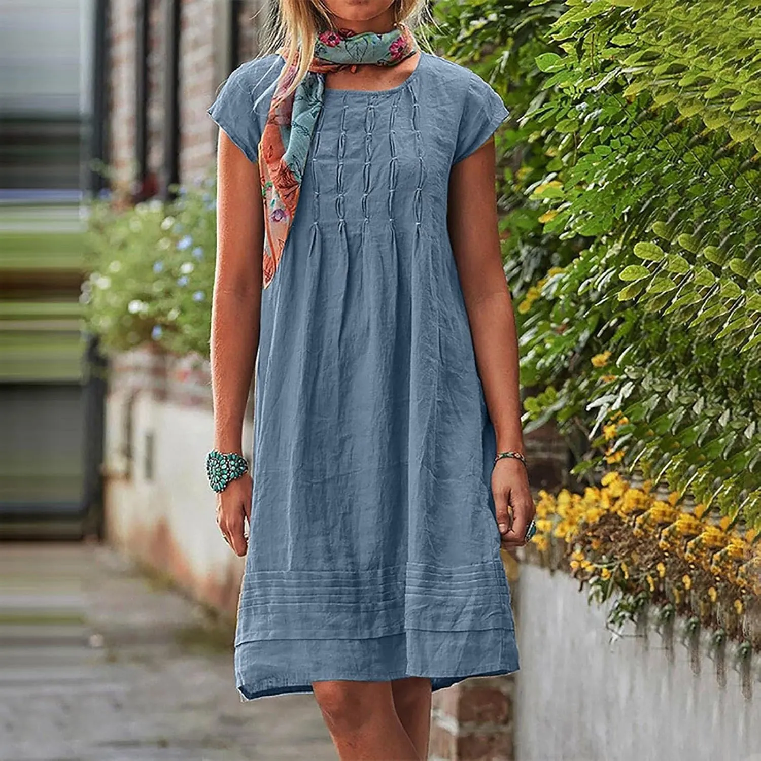 Summer Midi Dresses for Women 2025 Short Sleeve Pleated Sundress Beach Trendy Casual Cotton Linen Solid Dresses