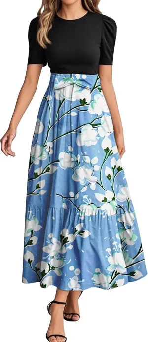 Summer Short Sleeve A-line Round Neck Beach Sundress for Women 2025 Business Boho Floral Printed Dress