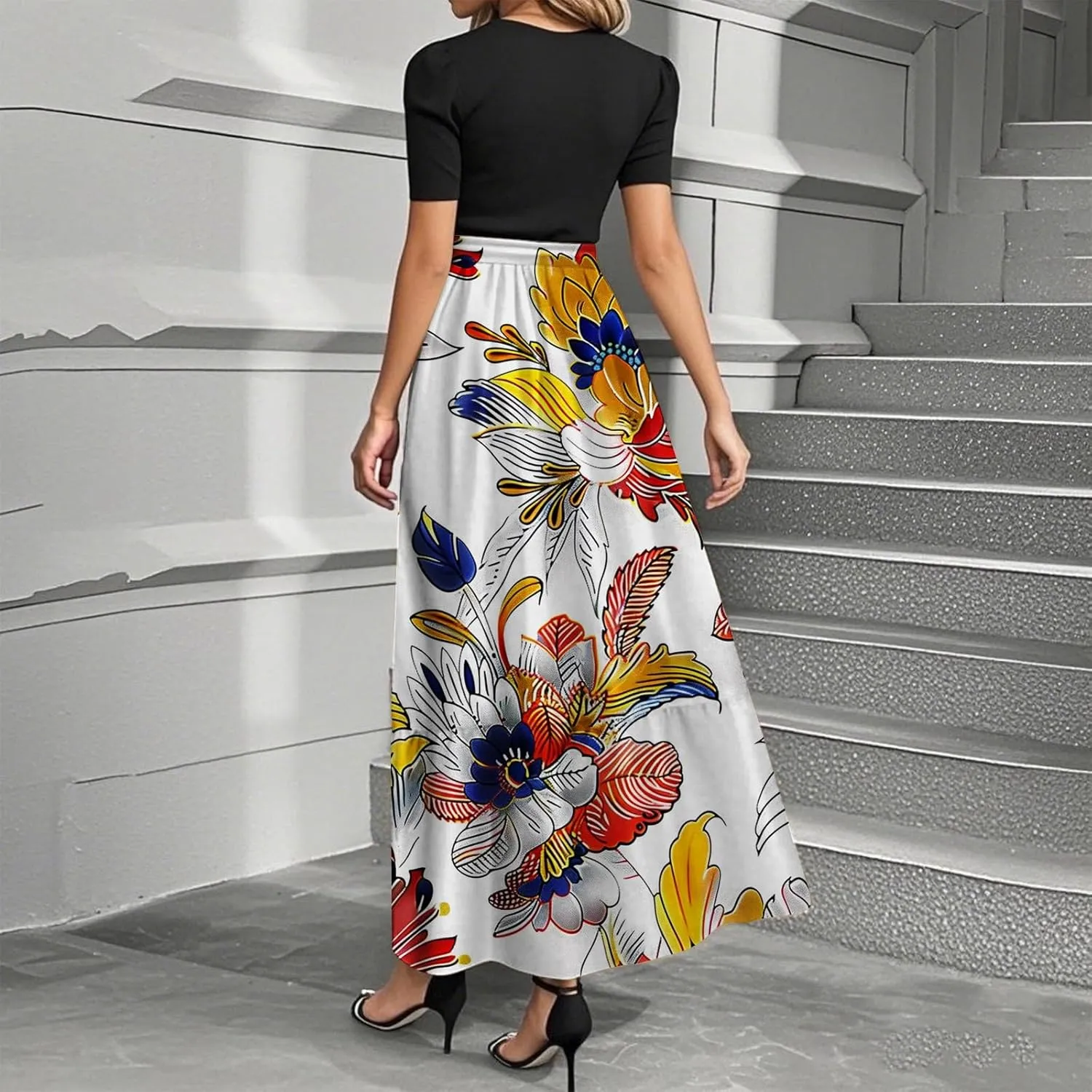 Summer Short Sleeve A-line Round Neck Beach Sundress for Women 2025 Business Boho Floral Printed Dress