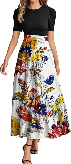 Summer Short Sleeve A-line Round Neck Beach Sundress for Women 2025 Business Boho Floral Printed Dress