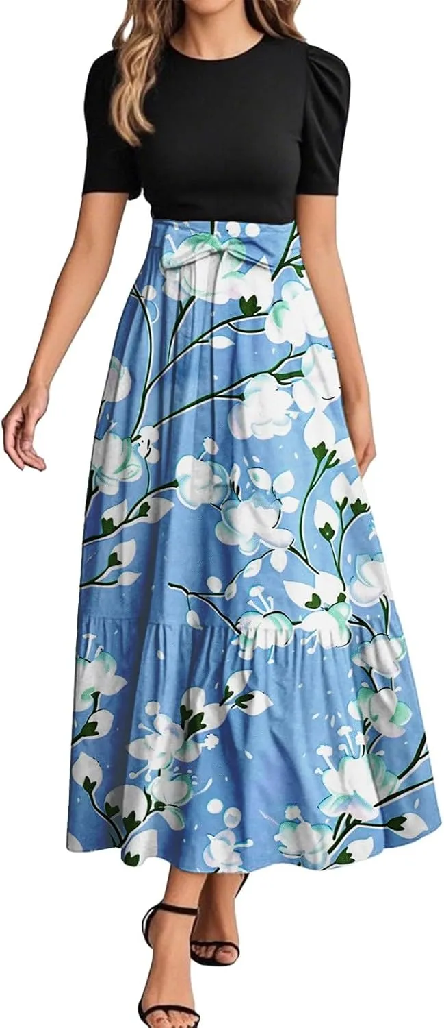 Summer Short Sleeve A-line Round Neck Beach Sundress for Women 2025 Business Boho Floral Printed Dress