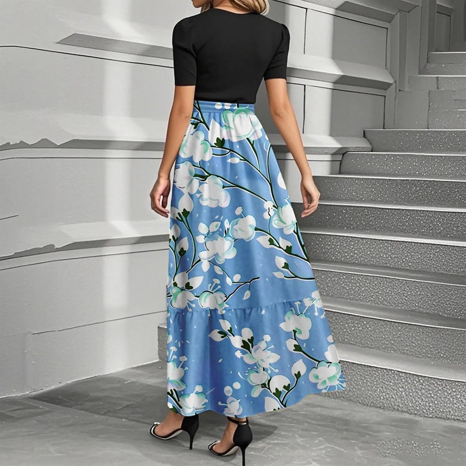 Summer Short Sleeve A-line Round Neck Beach Sundress for Women 2025 Business Boho Floral Printed Dress