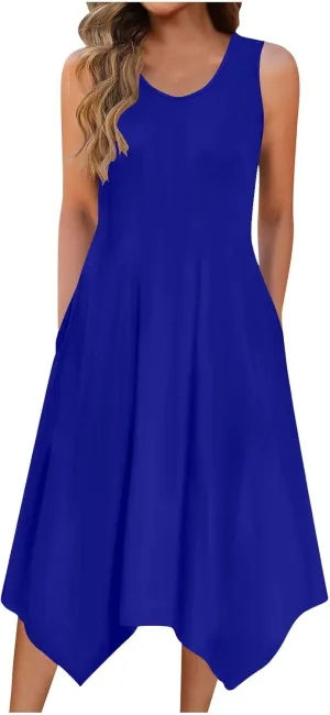 Summer Tank Dresses for Women Aesthetics Crew Neck Sleeveless Irregular Flowy Dance Dress Beach Swing Sundress with Pockets