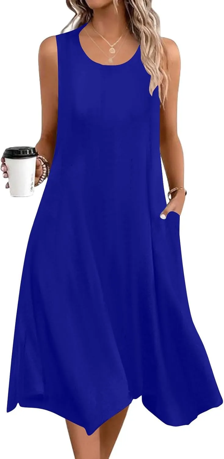 Summer Tank Dresses for Women Aesthetics Crew Neck Sleeveless Irregular Flowy Dance Dress Beach Swing Sundress with Pockets