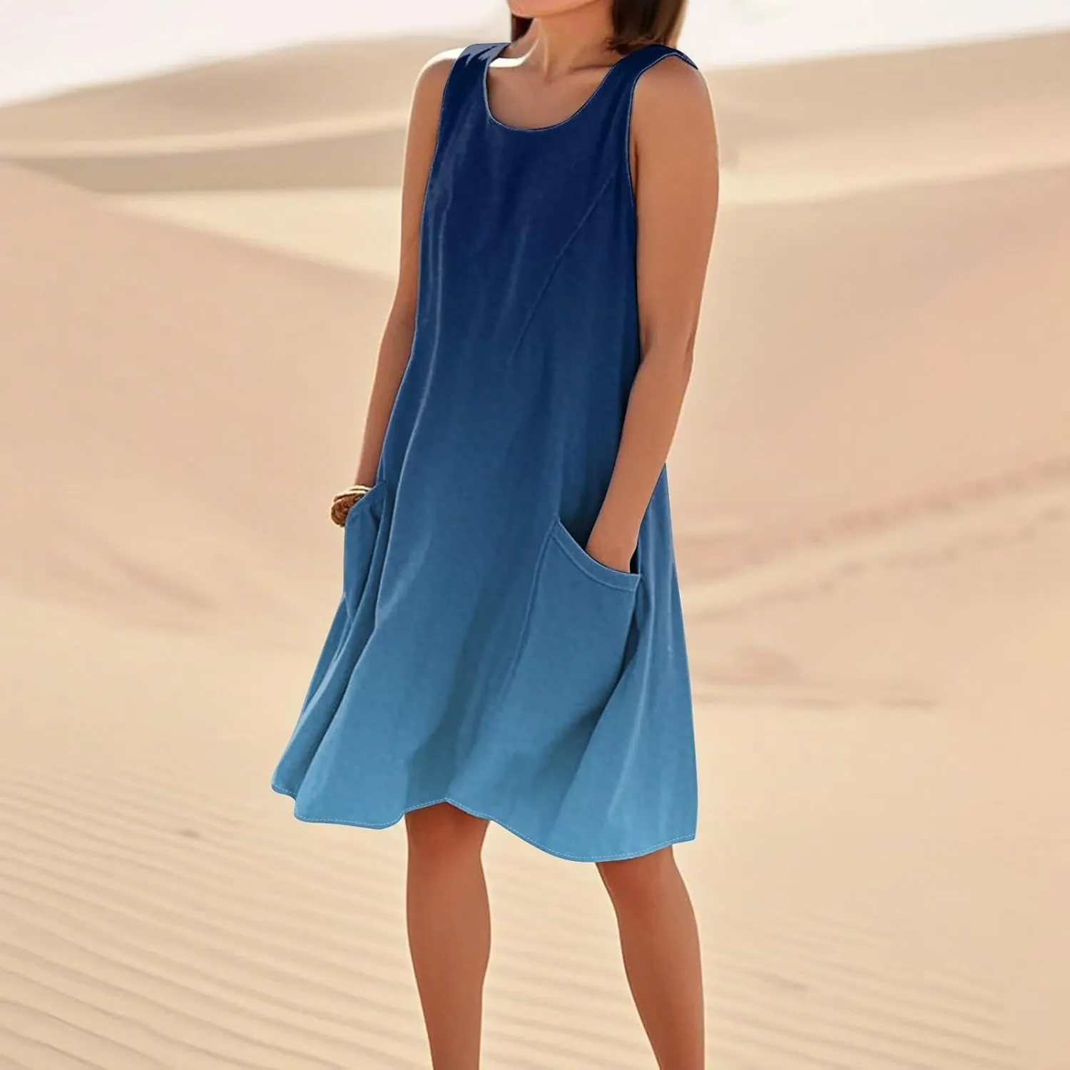 Sun Dresses for Women 2025 Round Neck Sleeveless Dresses Printed Loose Casual High Waisted Flowy Dress with Pocket