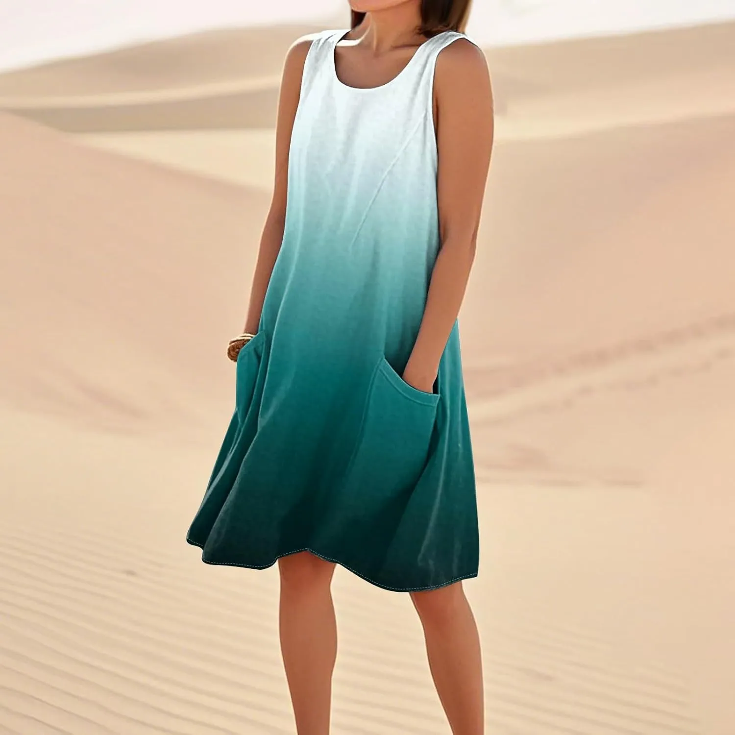 Sun Dresses for Women 2025 Round Neck Sleeveless Dresses Printed Loose Casual High Waisted Flowy Dress with Pocket