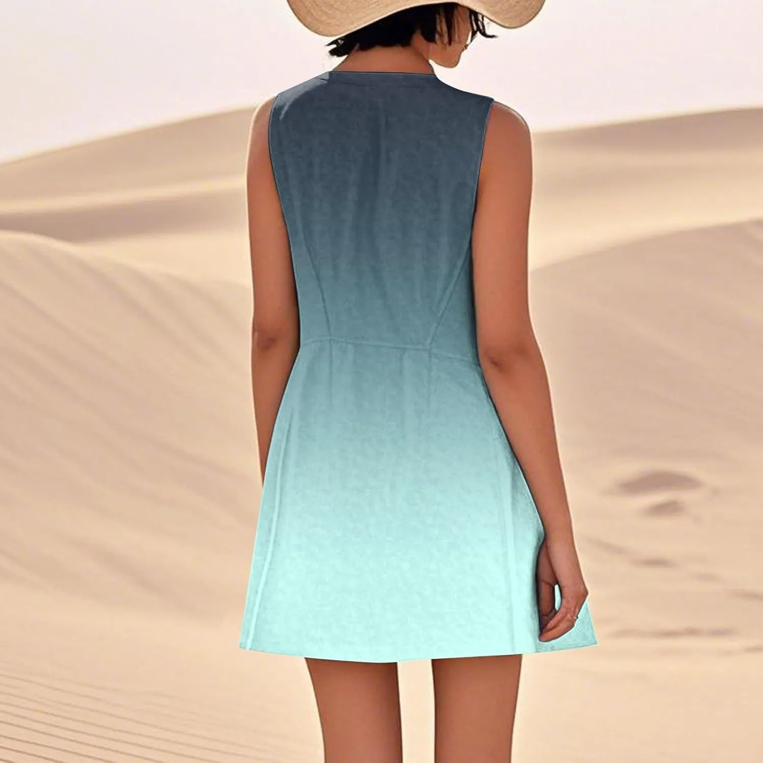 Sun Dresses for Women 2025 Round Neck Sleeveless Dresses Printed Loose Casual High Waisted Flowy Dress with Pocket