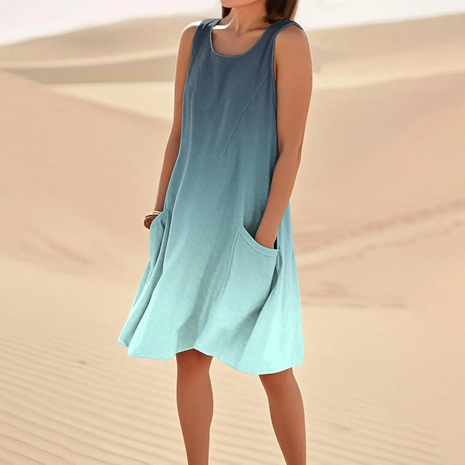 Sun Dresses for Women 2025 Round Neck Sleeveless Dresses Printed Loose Casual High Waisted Flowy Dress with Pocket