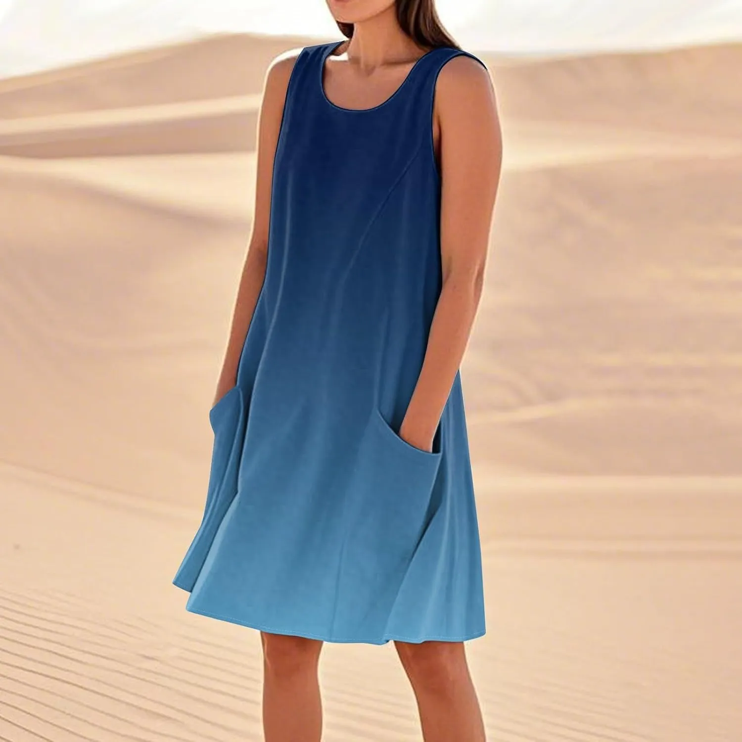 Sun Dresses for Women 2025 Round Neck Sleeveless Dresses Printed Loose Casual High Waisted Flowy Dress with Pocket