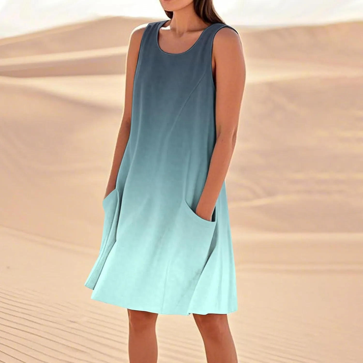 Sun Dresses for Women 2025 Round Neck Sleeveless Dresses Printed Loose Casual High Waisted Flowy Dress with Pocket