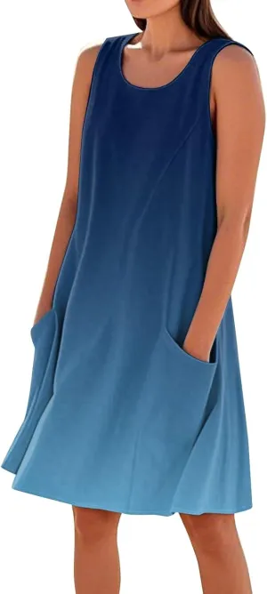 Sun Dresses for Women 2025 Round Neck Sleeveless Dresses Printed Loose Casual High Waisted Flowy Dress with Pocket