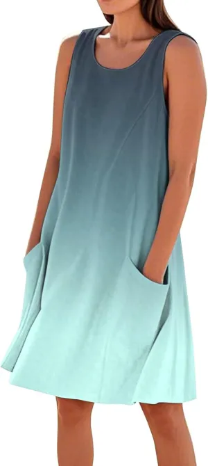 Sun Dresses for Women 2025 Round Neck Sleeveless Dresses Printed Loose Casual High Waisted Flowy Dress with Pocket