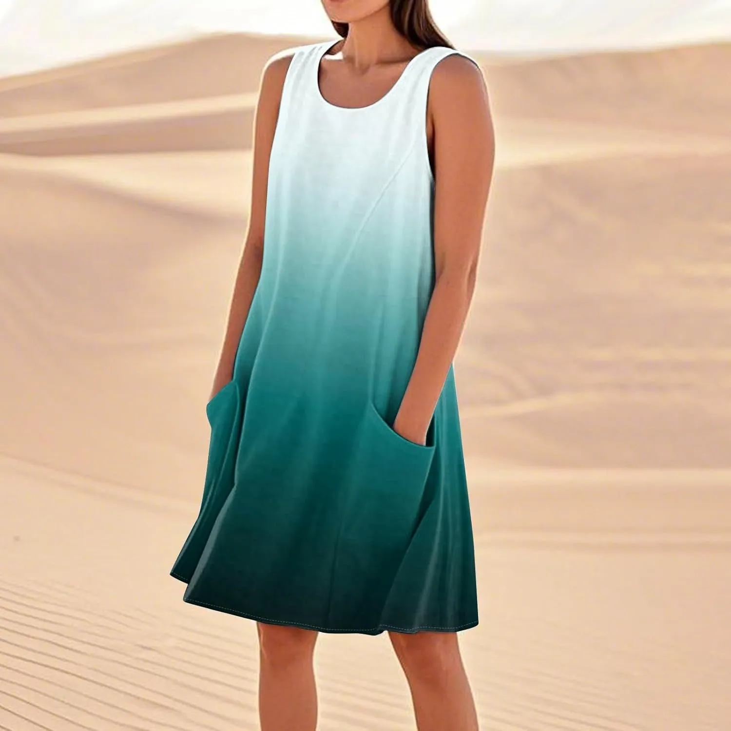 Sun Dresses for Women 2025 Round Neck Sleeveless Dresses Printed Loose Casual High Waisted Flowy Dress with Pocket