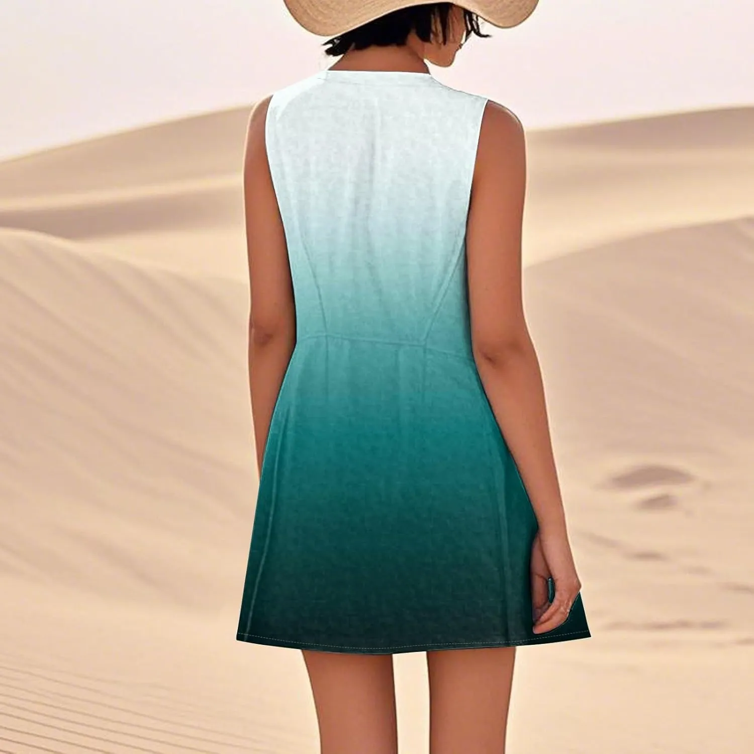 Sun Dresses for Women 2025 Round Neck Sleeveless Dresses Printed Loose Casual High Waisted Flowy Dress with Pocket