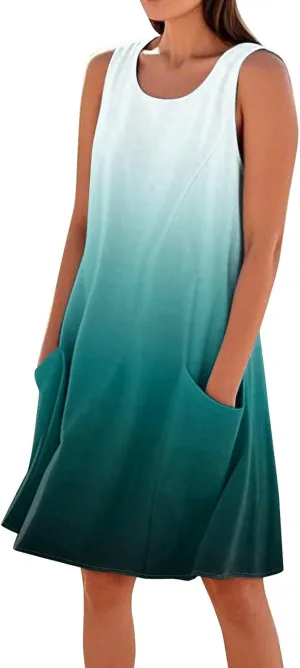 Sun Dresses for Women 2025 Round Neck Sleeveless Dresses Printed Loose Casual High Waisted Flowy Dress with Pocket