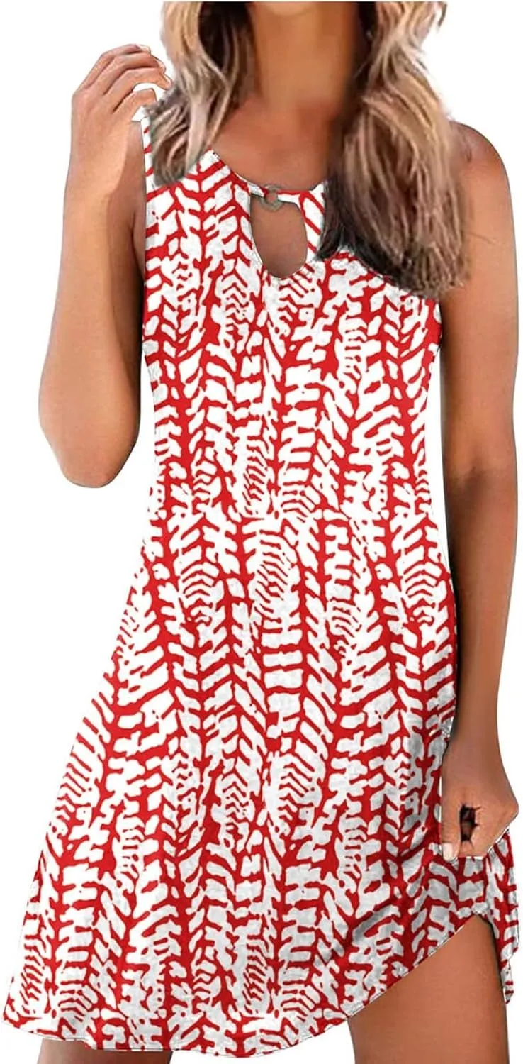 Sun Dresses for Women 2025 Vacation Sleeveless Floral Mini Dress O-Ring Neck Swing Flowy Sundress Beach Clothes