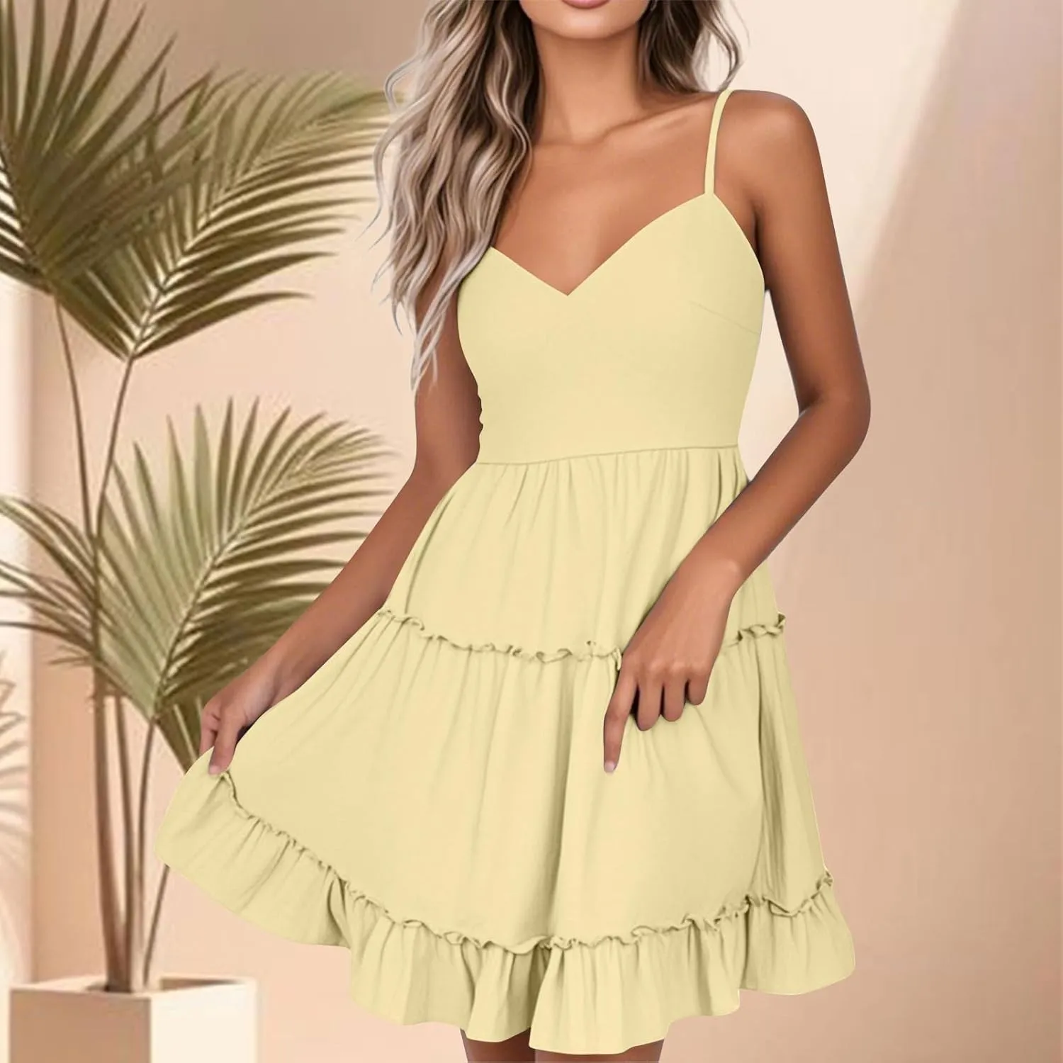 Sundresses for Women 2025 Summer Spaghetti Straps Mini Dress Sleeveless Boho Beach Tiered Pleated Flowy Skater Dress