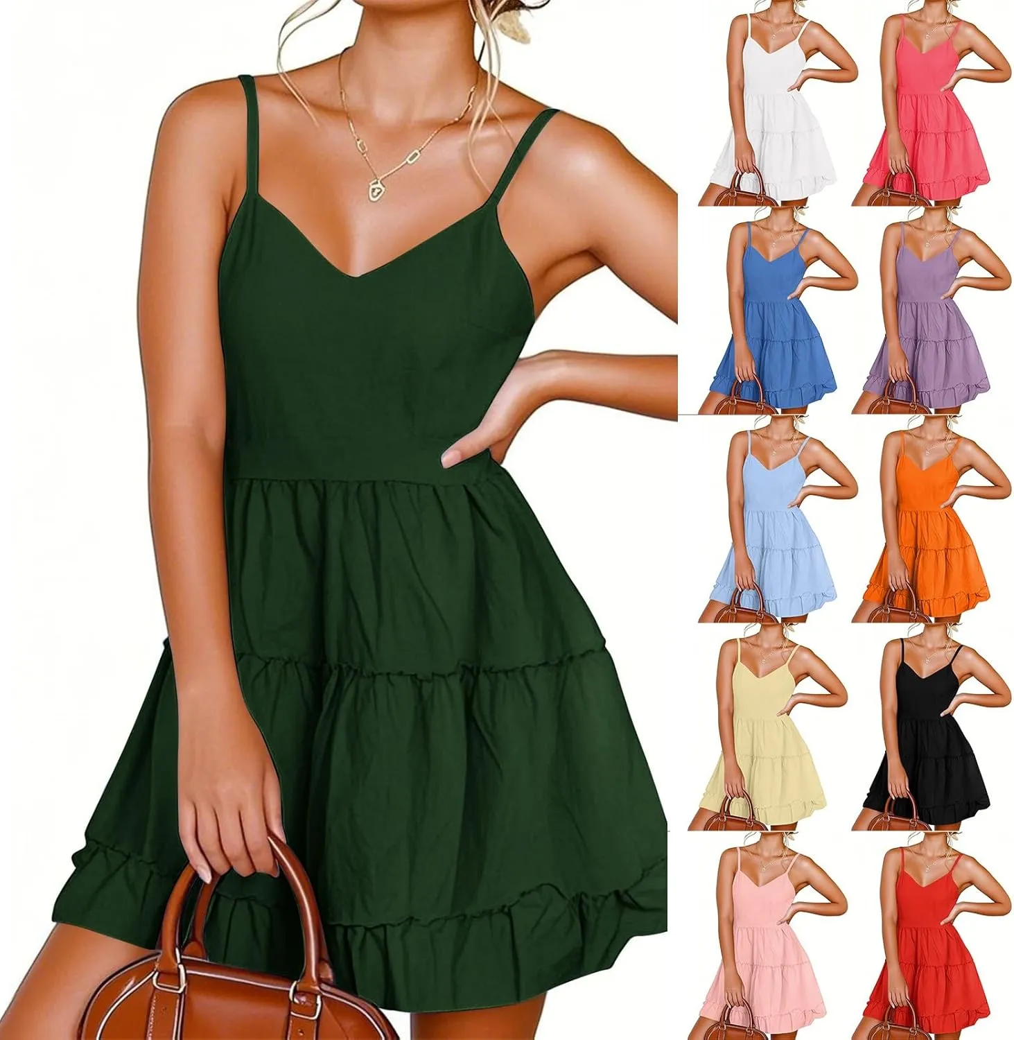 Sundresses for Women 2025 Summer Spaghetti Straps Mini Dress Sleeveless Boho Beach Tiered Pleated Flowy Skater Dress