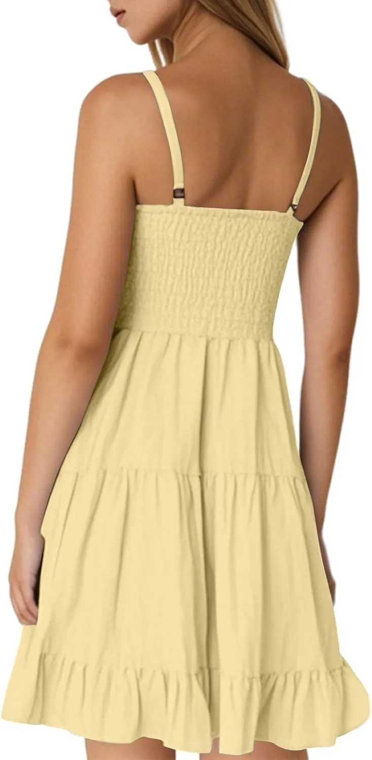Sundresses for Women 2025 Summer Spaghetti Straps Mini Dress Sleeveless Boho Beach Tiered Pleated Flowy Skater Dress