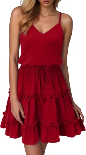Sundresses for Women 2025 Summer V-Neck Spaghetti Strap Waist Tie Mini Dresses Tiered Ruffle Flowy Cute Skater Dress