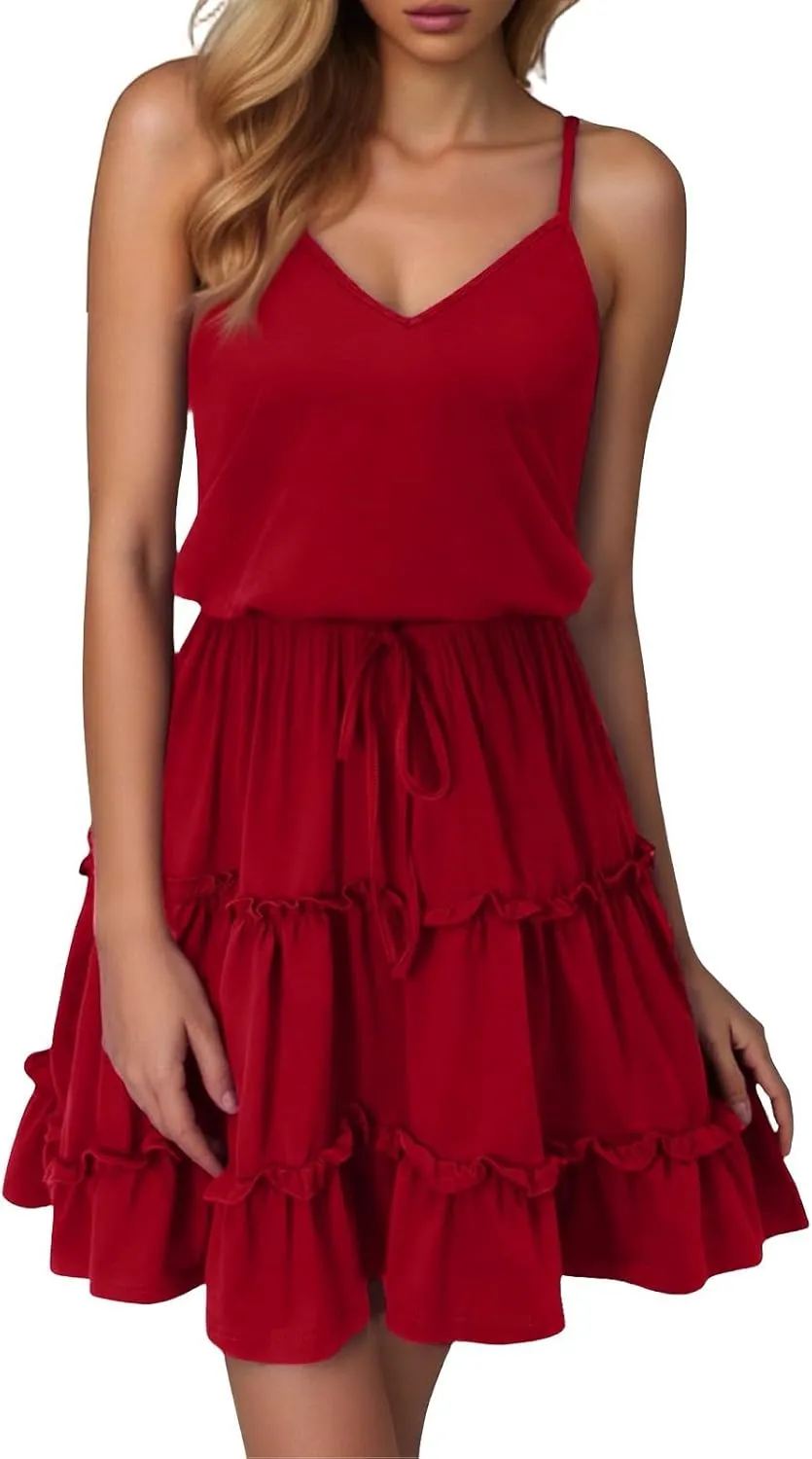 Sundresses for Women 2025 Summer V-Neck Spaghetti Strap Waist Tie Mini Dresses Tiered Ruffle Flowy Cute Skater Dress