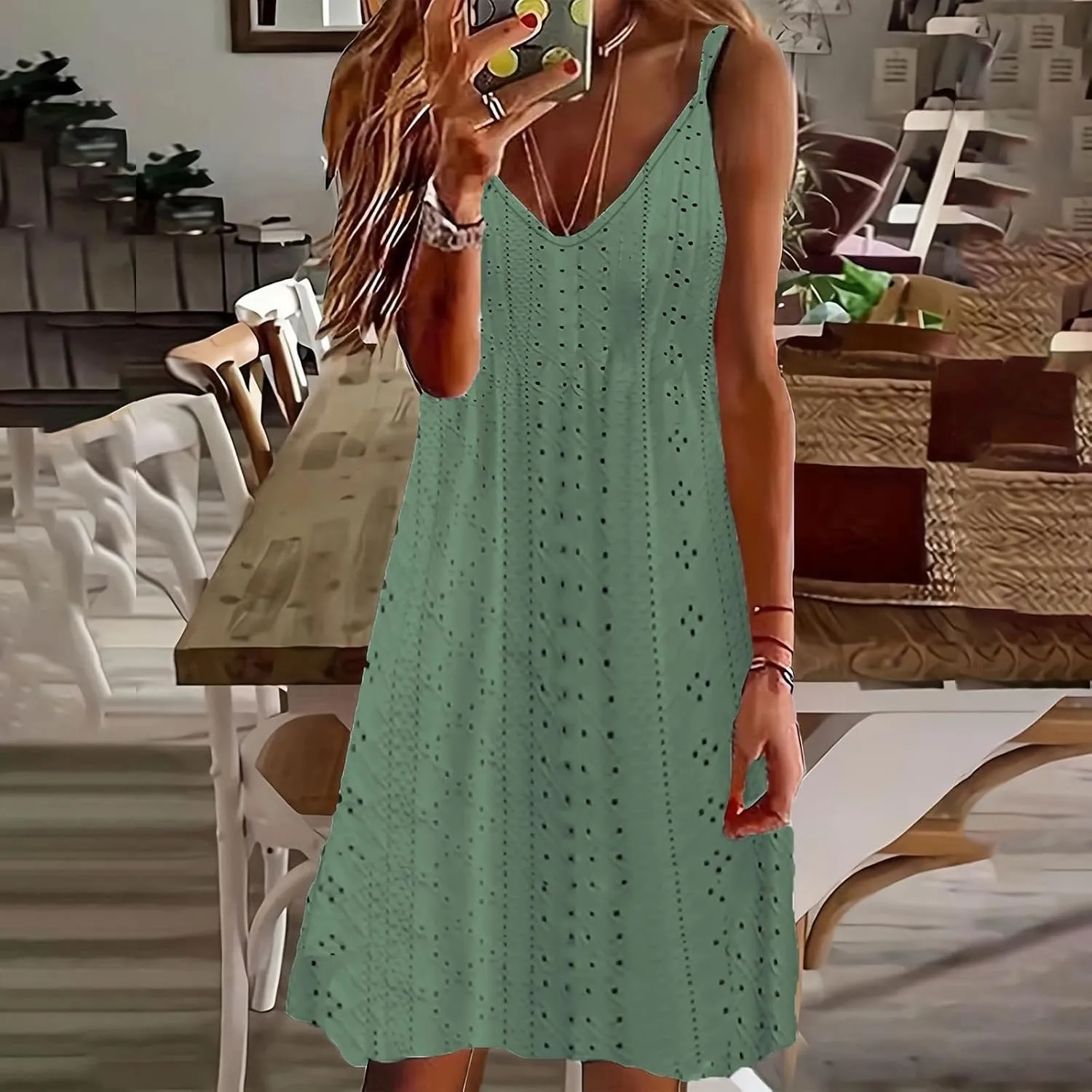 Sundresses for Women Casual Beach Lace Eyelet Dress Sexy Spaghetti Strap v Neck Flowy Summer Dresses Vacation Outfits