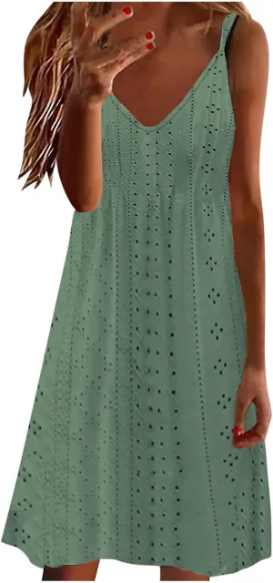 Sundresses for Women Casual Beach Lace Eyelet Dress Sexy Spaghetti Strap v Neck Flowy Summer Dresses Vacation Outfits