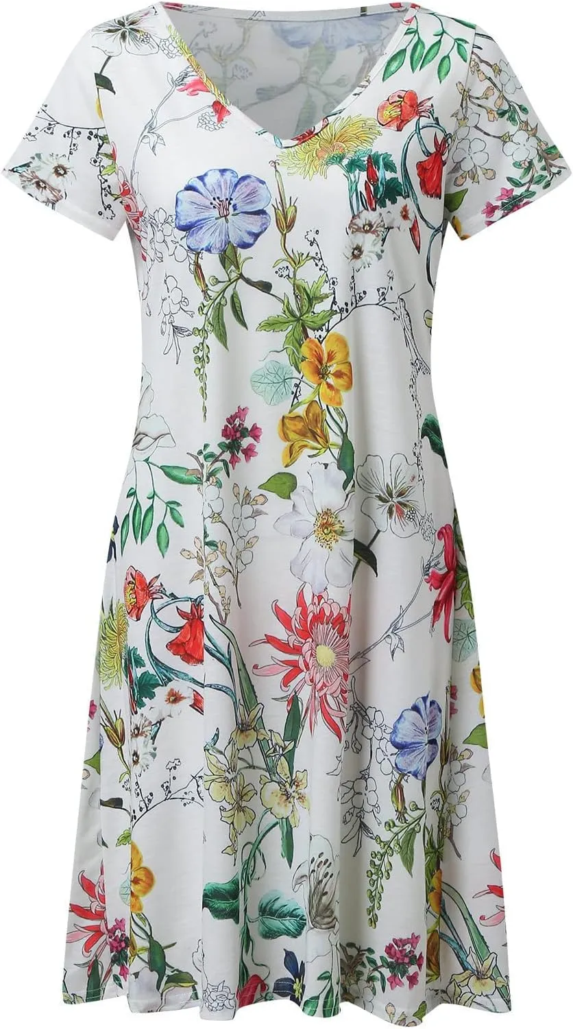 Sundresses for Women Casual Beach Trendy A Line Dress Floral Print V Neck Flowy Boho Mini Dresses Vacation Clothes