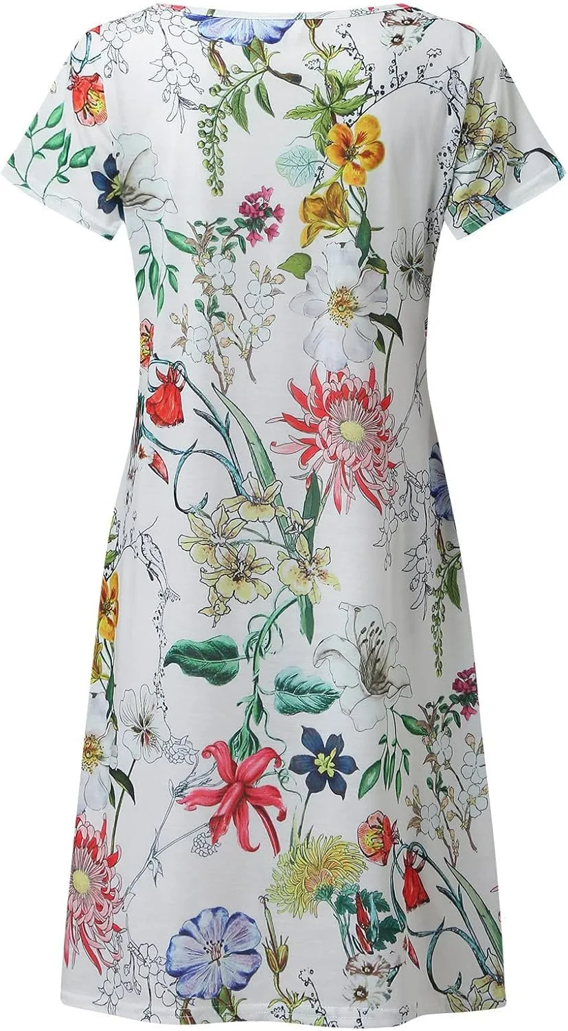 Sundresses for Women Casual Beach Trendy A Line Dress Floral Print V Neck Flowy Boho Mini Dresses Vacation Clothes