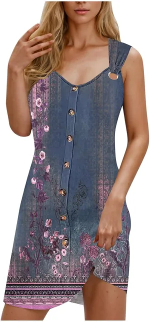 Sundresses for Women Casual Sleeveless Floral Retro Short Dresses A-Line Beach Summer Dress Trendy 2025 Vacation