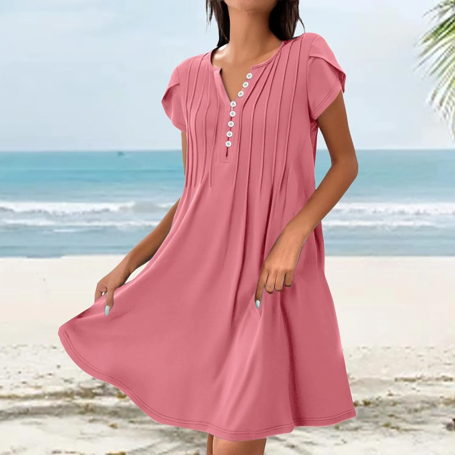 Sundresses for Women Summer Casual Beach Dresses 2025 Vacation Swim Cover Up V Neck Summer Dress Button Mini Dresses