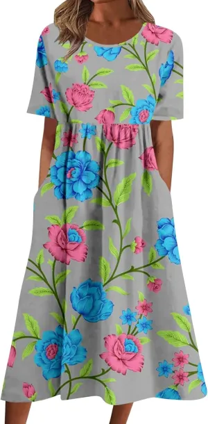 Sundresses for Women Summer Floral Casual Loose Dresses Vintage Bohemian Round Neck Short Sleeve Dress with Pockets
