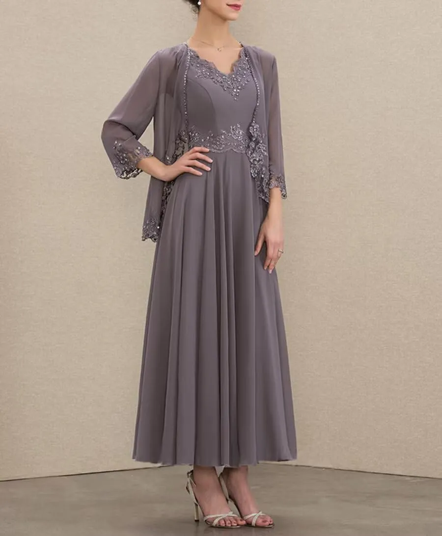 SYYS 2 Pieces Mother of The Bride Dresses Appliques Chiffon Formal Dresses for Women with Pockets SYYS414