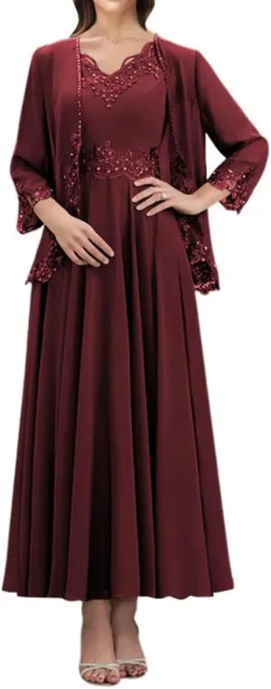 SYYS 2 Pieces Mother of The Bride Dresses Appliques Chiffon Formal Dresses for Women with Pockets SYYS414
